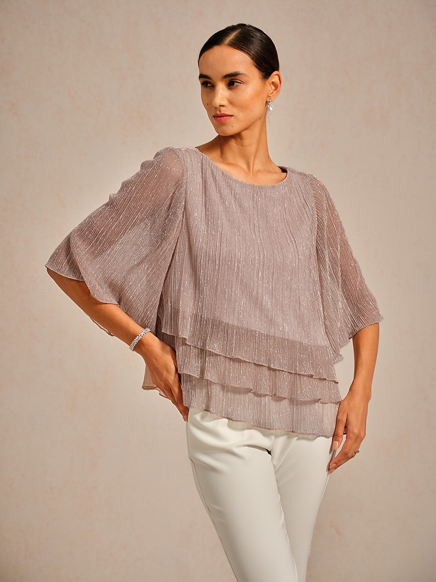 Dames Blouse Chiffon-topjes Kanten topjes Met ruches Schitteren Effen Kleur Elegant 3/4 mouw Strakke ronde hals Bruiloft gast Feestdagen Blozend Roze Zomer Lente Herfst 2026 - $59.99 –P7