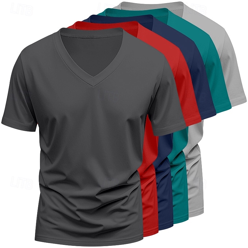 5-częściowy męski T-shirt z krótkim rękawem, dekolt w serek, letni, na każdą porę roku, jednolity kolor, prosty, codzienny, 5-częściowy zestaw, wakacyjny, casualowy, biały, top, męski 2026 - $59.99 –P5