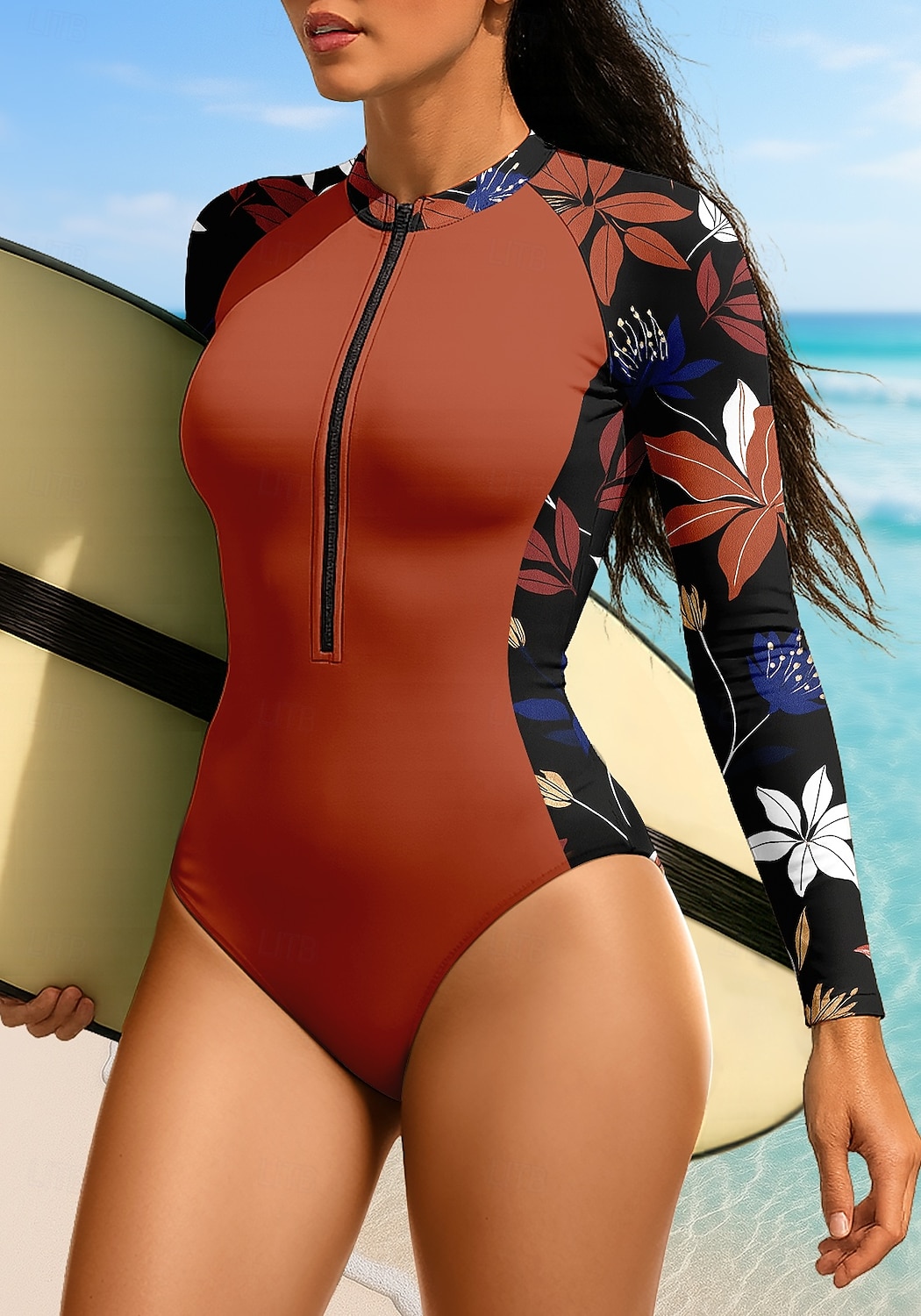 Жен. Стандарт Рашгард UPF50+ Быстровысыхающий Легкость Длинный рукав Боди Плавки-шорты Купальный костюм Передняя молния Серфинг Гребля на каное Пляж  Водные виды спорта Спортивная Плавание Цветочные 2025 - $32.99 –P4