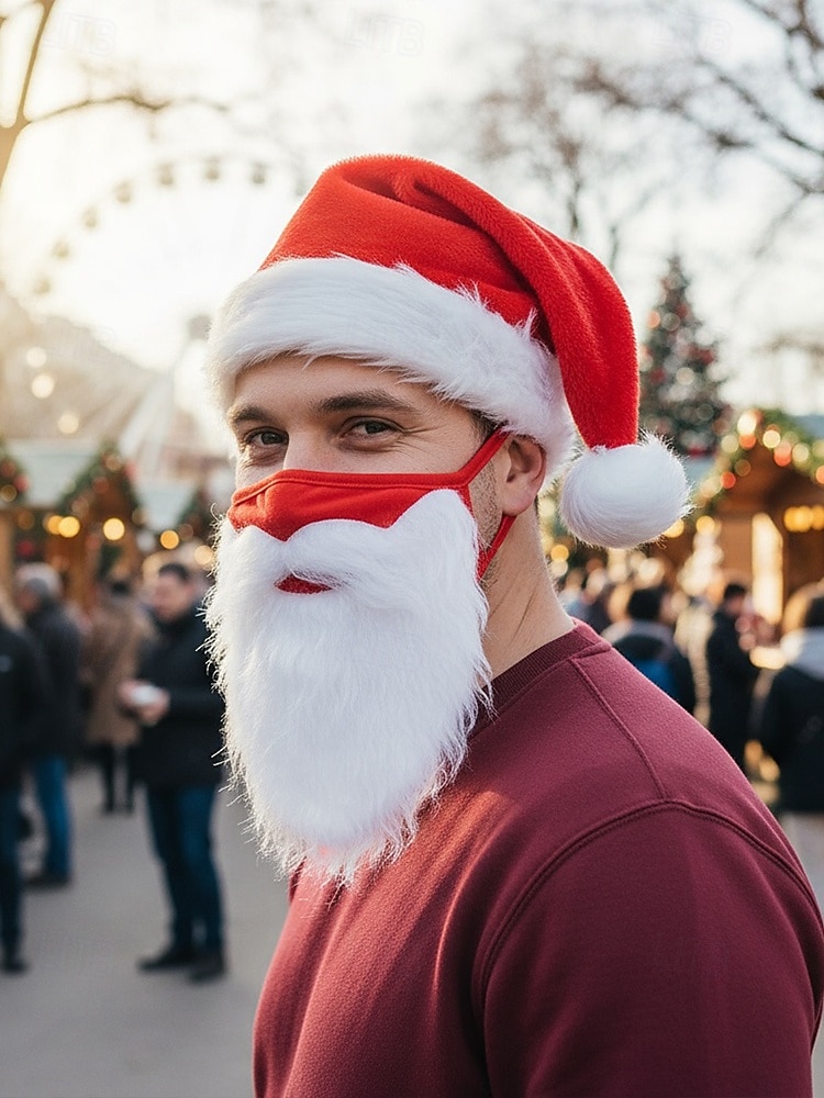Мужской рождественский комплект из шапки Санты и маски с бородой, красная плюшевая шапка с белым мехом, удобная маска для лица, аксессуар для праздничного костюма для рождественских вечеринок и праздничных мероприятий 2026 - $11.99 –P2