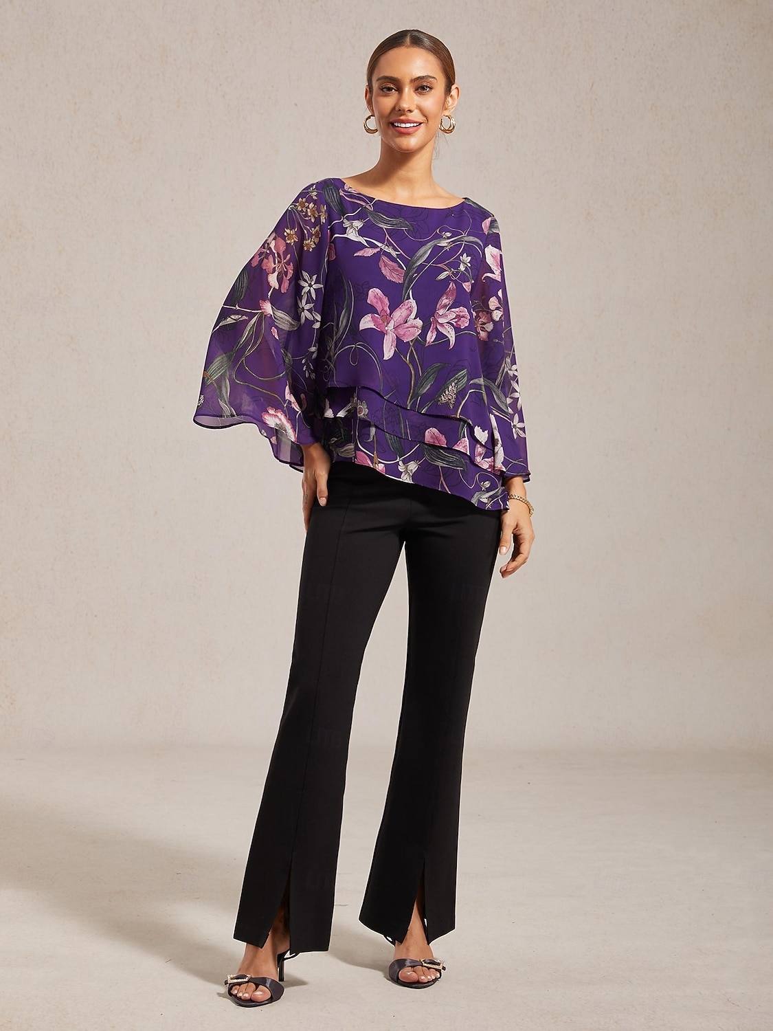 camicetta da donna in chiffon trasparente viola scuro con stampa floreale, mezza manica, orlo a strati, scollo rotondo, pullover del 2025 a $61.99 –P4