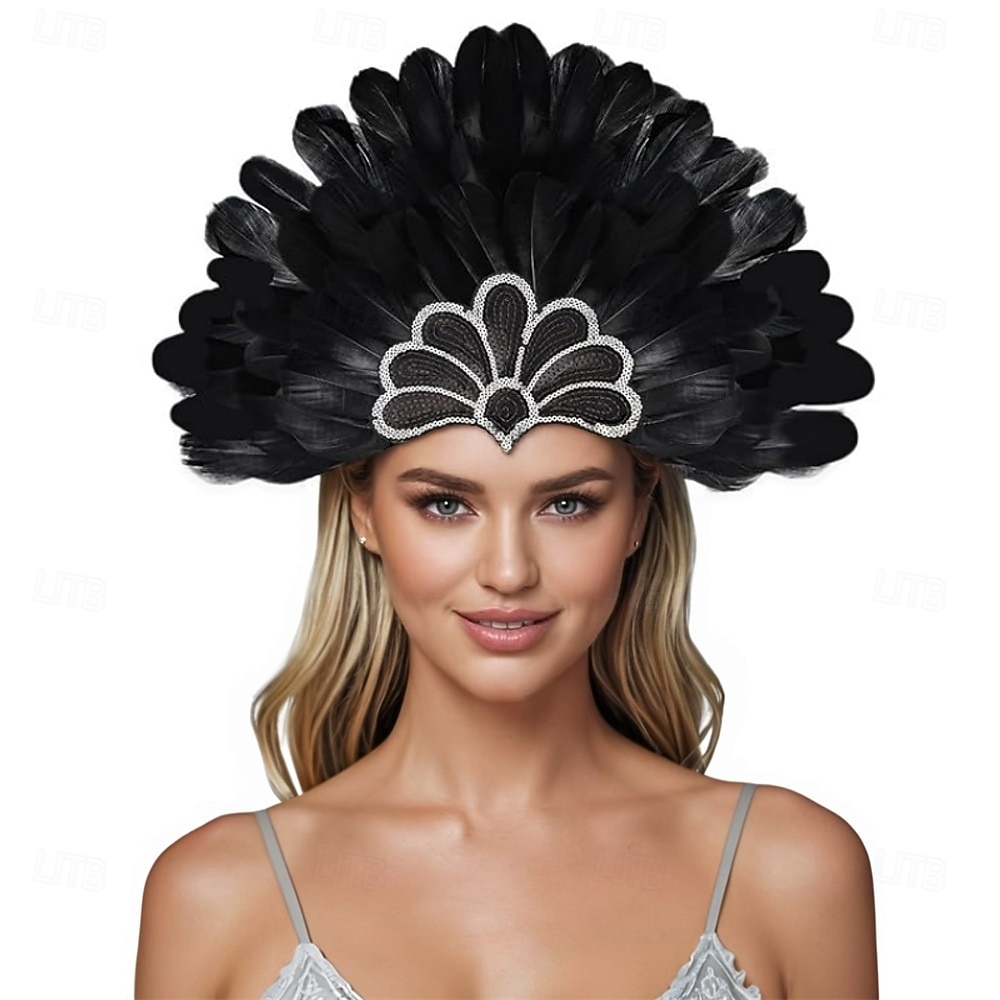 Карнавальная ночь 2026. Рио Карнавальная самба Аксессуары Красный и черный головной убор с перьями для женщин на фестивале Марди Гра - танцевальный аксессуар для фестиваля Бразилия 2026 - $15.49 –P12