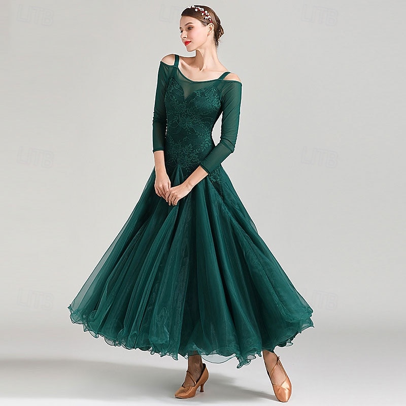 Женское элегантное платье для бальных танцев изумрудно-зеленого цвета с кружевной аппликацией, открытыми плечами и длинным рукавом, для вальса, танго, современной румбы, для выступлений на 2025 - $158.99 –P2