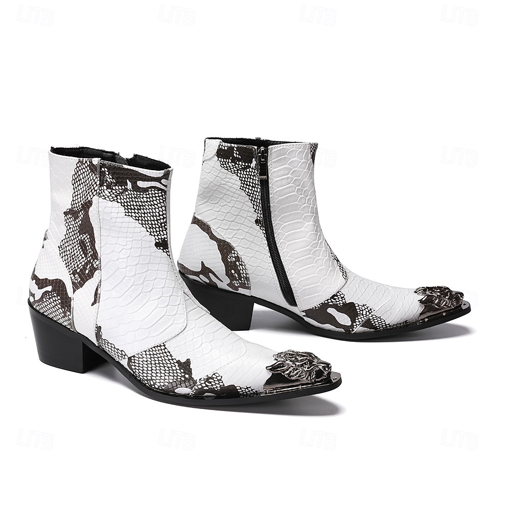 Botas masculinas em couro legítimo preto e branco com estampa exclusiva - calçado moderno para homens antenados em moda e para ocasiões casuais. de 2026 por $159.99 –P1