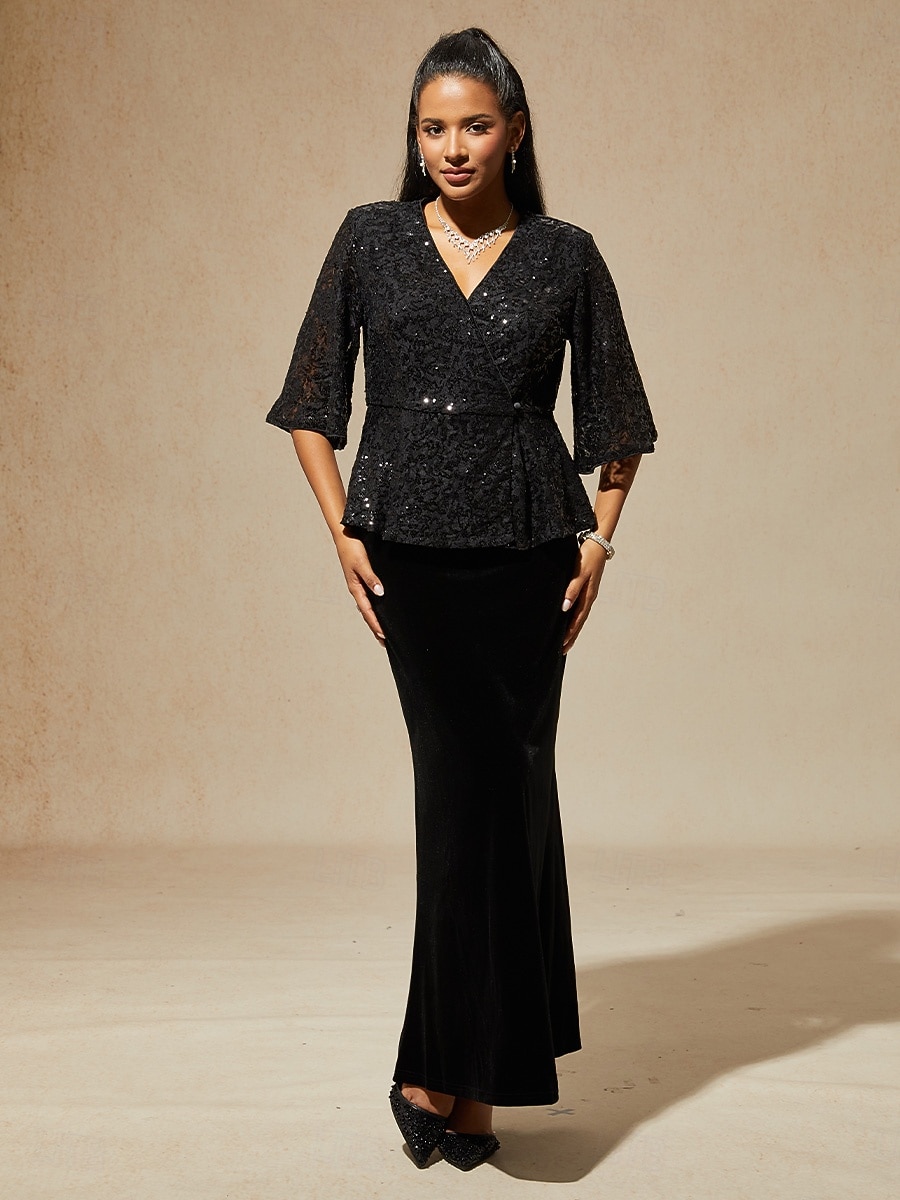2026年 女性用 ブラウス レーストップス イブニングトップス スパンコールトップス スパンコール レース エレガント パーティー Ｖネック レギュラートップス 結婚式のゲスト カクテルの服装 ブラック 春、夏、秋、冬  コレクション – $97.99 –P4