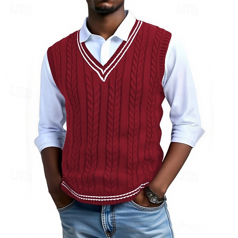Per uomo Gilet Maglione elegante Maglione Maglione a maglia A Coste Maglia Top Regolari Lavorato a maglia A righe Scollo a V Moda Casual Vacanza Abbigliamento quotidiano Abbigliamento Senza maniche del 2026 a $26.99 –P9
