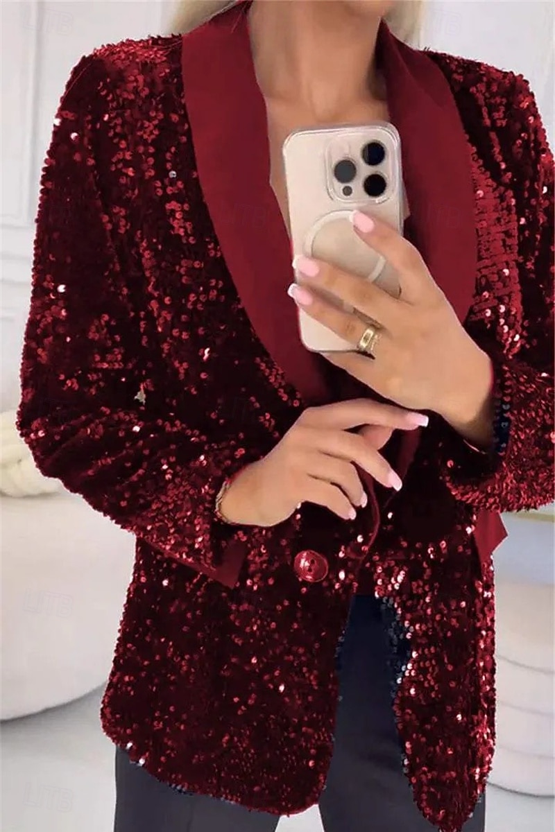 Damen Blazer Freizeitjacke Bequem Pailletten Mode Lässig Einfarbig Party Straße Alltagskleidung Ausgehen Regulär Gekerbtes Revers Normale Passform Langarm Oberbekleidung Blau Schwarz Rote Herbst 2026 - $35.99 –P8