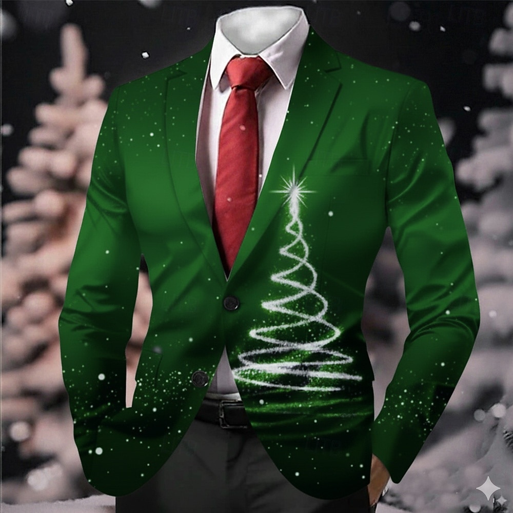 Weihnachten Herren Weihnachtsbaum Blazerjacke Mantel Bequem Lässig Party-Abendmode Täglich Festival 3D-Druck Knöpfe Herbst Winter Fallendes Revers Langarm Blau Rote Grün 2025 - $64.99 –P2