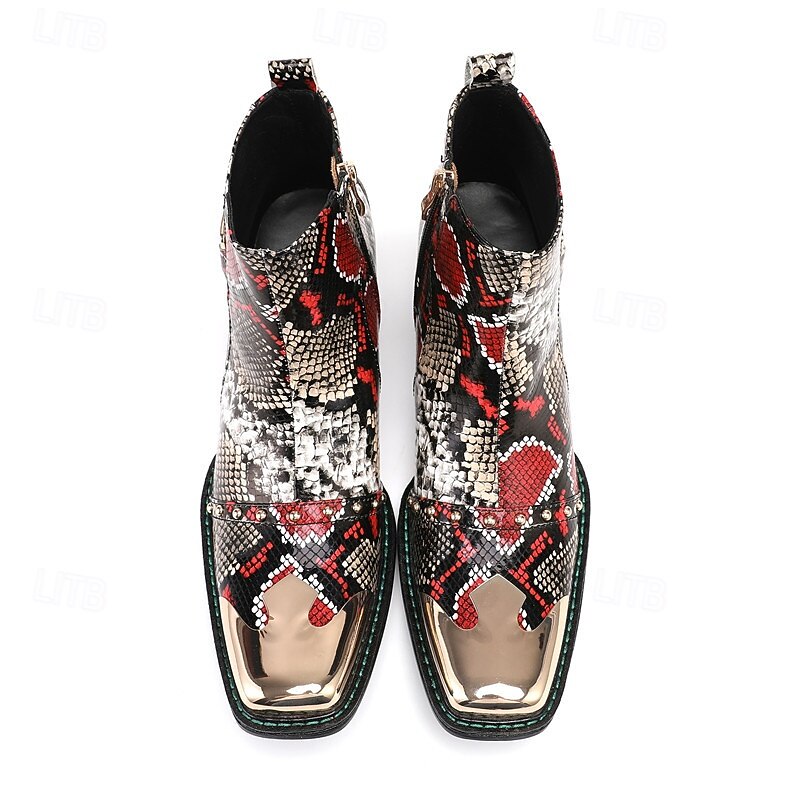 stivaletti da uomo con stampa serpente rossa e nera: pelle pregiata con dettagli dorati, scelta elegante per feste di Natale e occasioni festive del 2026 a $149.99 –P5