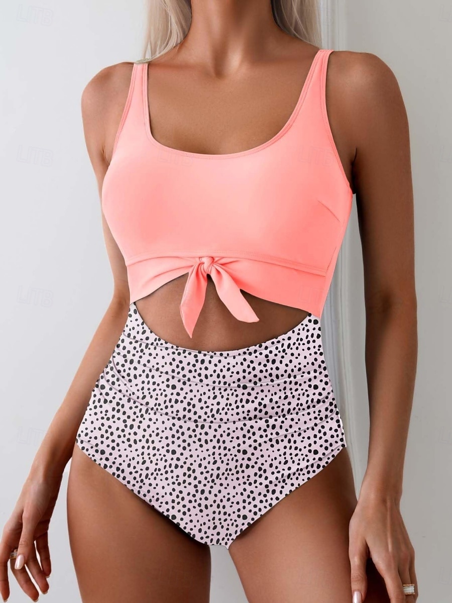 Damen Einteiler Badeanzug Sexy Cutout Monokini Bauchkontrolle Hohe Taille Slim Rückenfrei Urlaub Strandbekleidung Polka Dot Farbblock U-Ausschnitt Ärmellose Bademode 2026 - $25.99 –P2