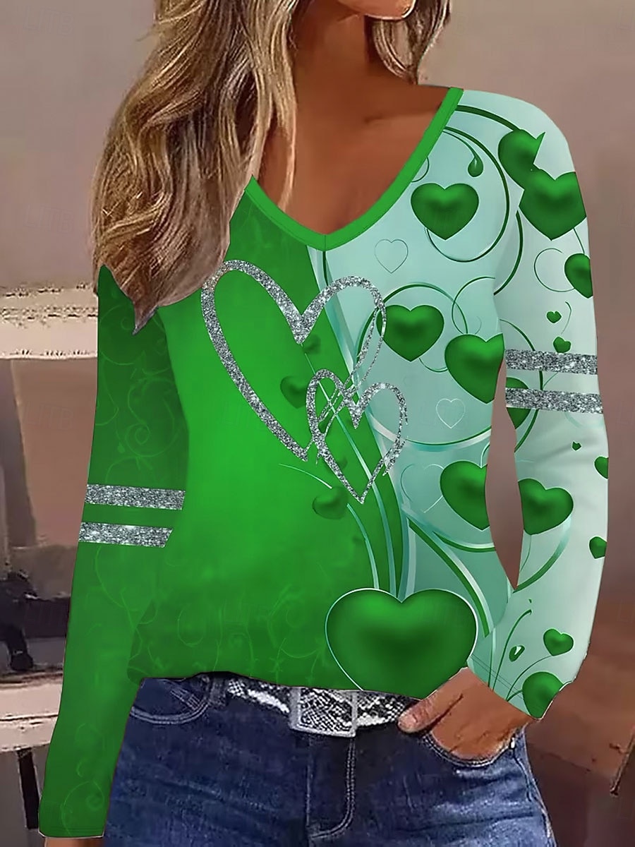 Γυναικεία Μπλουζάκι Στάμπα Ombre Καρδιά Γραφική Βίντατζ Στυλάτο Κλασσικό Μακρυμάνικο Λαιμόκοψη V Κανονικά μπλουζάκια Καθημερινά Θαλασσί Ρουμπίνι Βυσσινί Πράσινο του τριφυλλιού Άνοιξη Φθινόπωρο 2026 - $24.99 –P3