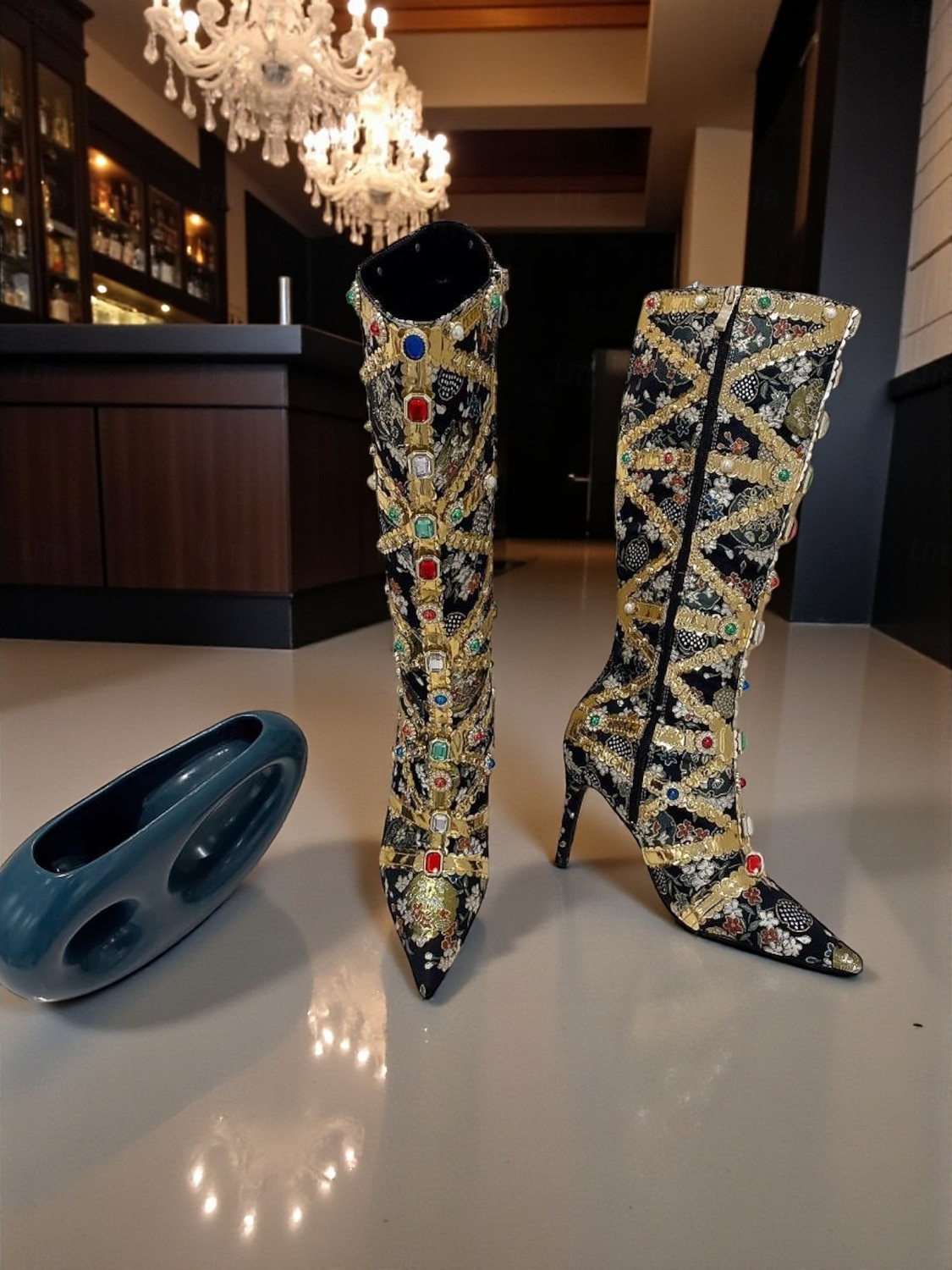 Cizme stiletto pentru femei, decorate cu pietre prețioase colorate și detalii aurii, cizme de lux la modă pentru petreceri de seară și ocazii speciale 2026 - $99.99 –P3