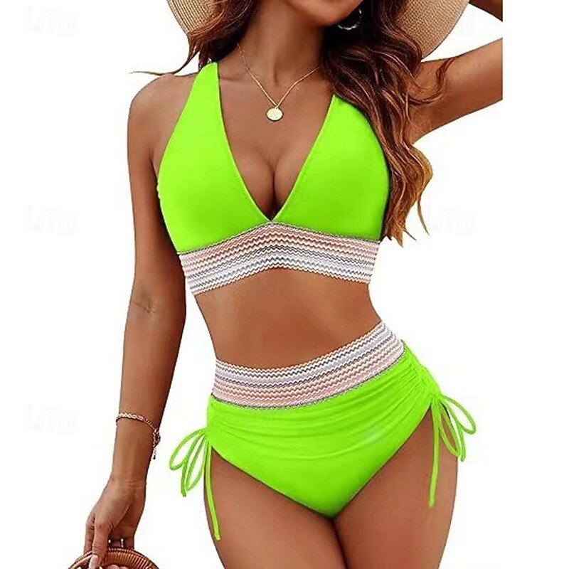 Dames Gerimpeld badpak Bikini-sets Zwemkleding Effen Zwemkleding Licht Blauw Zwart Ademend Mouwloos - Surfen Strand Zwemmen Zomer 2026 - $18.99 –P10