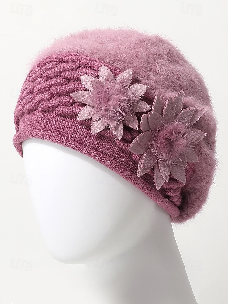 Dame vinterberet med 3D-blomster – mykt fuskepelsmateriale med fleecefôr, stilig strikkedesign, tilgjengelig i flere farger, perfekt for kaldt vær og høytidsklær 2025 - $14.99 –P6