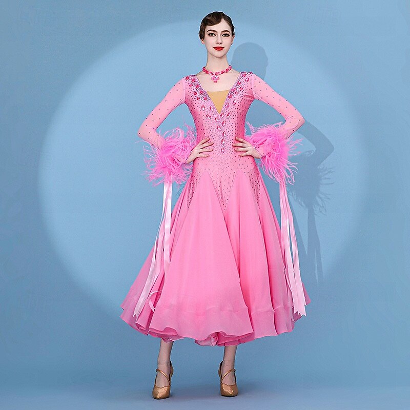 Balli da Sala Vestito Pieghe Giunzione Cristalli / Strass Per donna Performance Allenamento Manica Lunga Alto Spandex Chiffon Rete del 2026 a $950.09 –P3