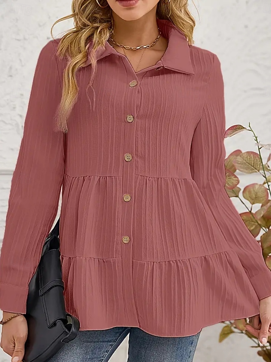 Damen Bluse Gerafft Knöpfe Einfarbig Stilvoll Lässig Langarm Hemdkragen Normale Oberteile Täglich Salbeigrün Schwarz Rote Marineblau Aprikose Frühling Herbst Winter 2026 - $26.99 –P8