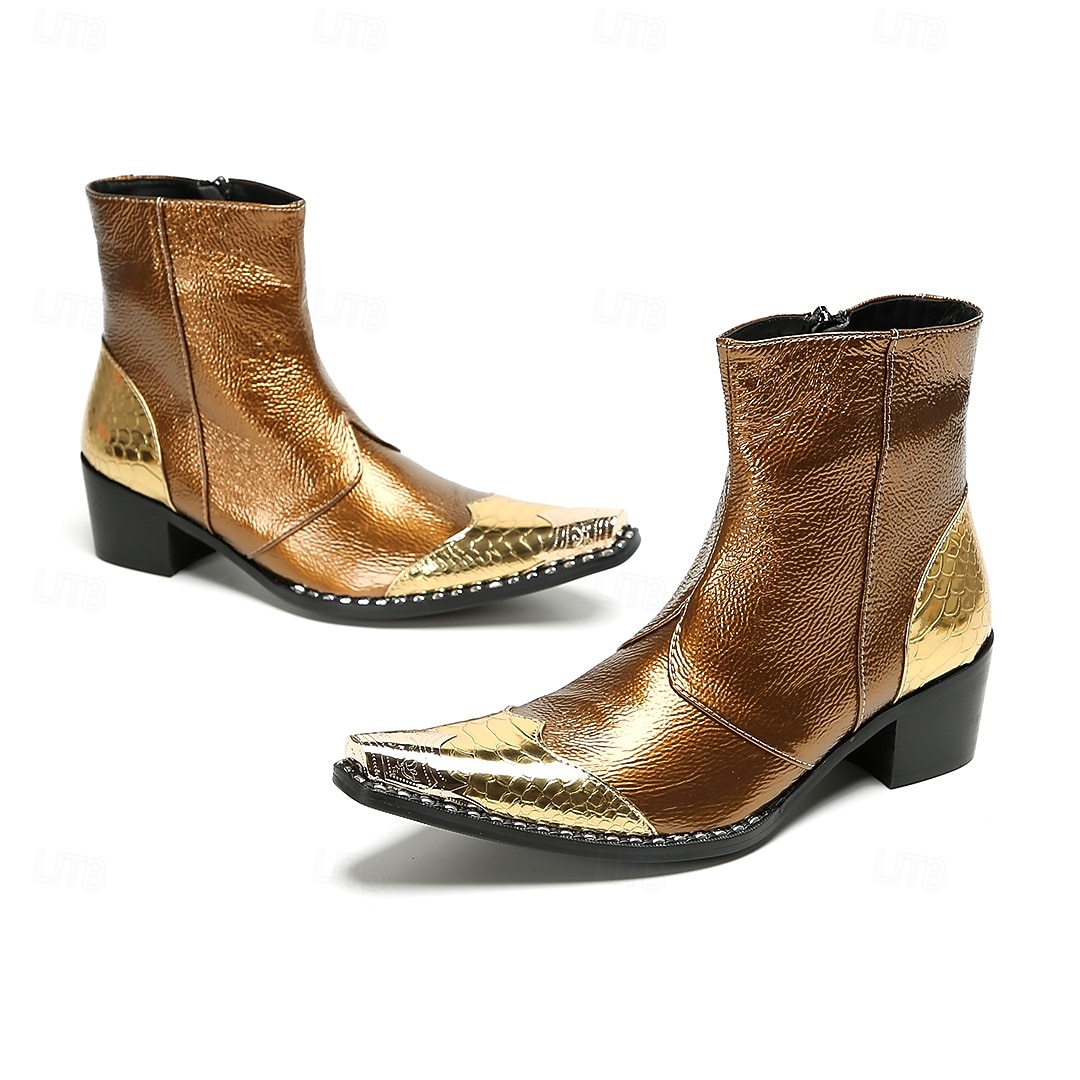 Miesten ruskeat ja kultaiset nahkaiset nilkkurit - metallinhohtoinen viimeistely, tyylikäs muotoilu ja mukava istuvuus, ihanteellinen rentoon ja puoliviralliseen kokoontumiseen 2025 - $159.99 –P4