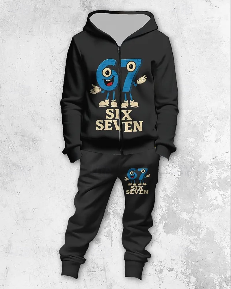 Unisex Jungen 3D Grafik Lustiger Slang 67 Hoodie- und Jogginghosen-Set Sportanzug Jacke & Hose Langarm Frühling Herbst Mode Lässig Komfort Kinder 4-12 Jahre Reissverschluss Mit Kapuze Outdoor Urlaub 2026 - $33.99 –P2