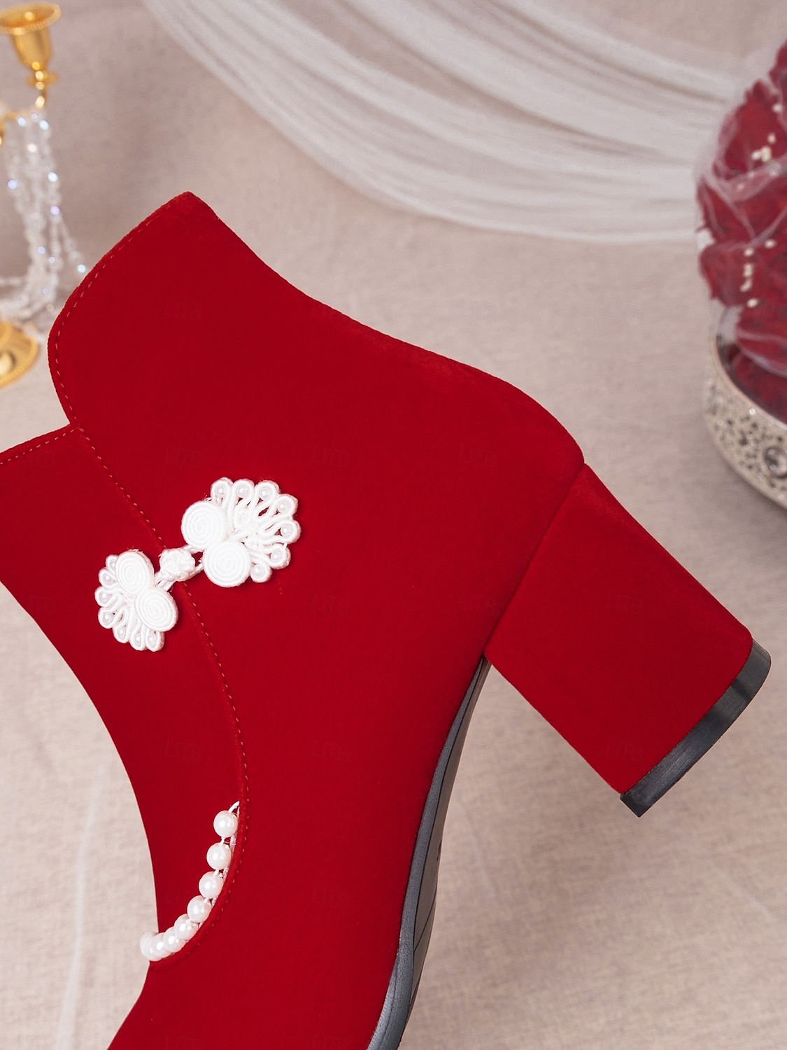 Rote Damen-Ankle-Boots mit Imitationsperlenbesatz – eleganter Festtagsstil, weiches Futter, praktischer seitlicher Reißverschluss, perfekt für Weihnachtsfeiern, Winteroutfits, Familienfeste und als Geschenk. 2026 - $59.99 –P9