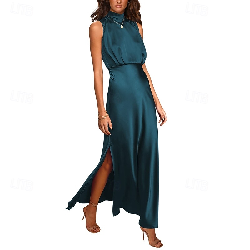 Mulheres Vestido Longo Vestido Maxi vestido de cetim Vestido de formatura Vestido de festa Elegante Moderno Festa de Noite Festa Ocasião Especial Normal Tecido Sem Manga Colarinho Chinês água azul de 2026 por $26.99 –P7