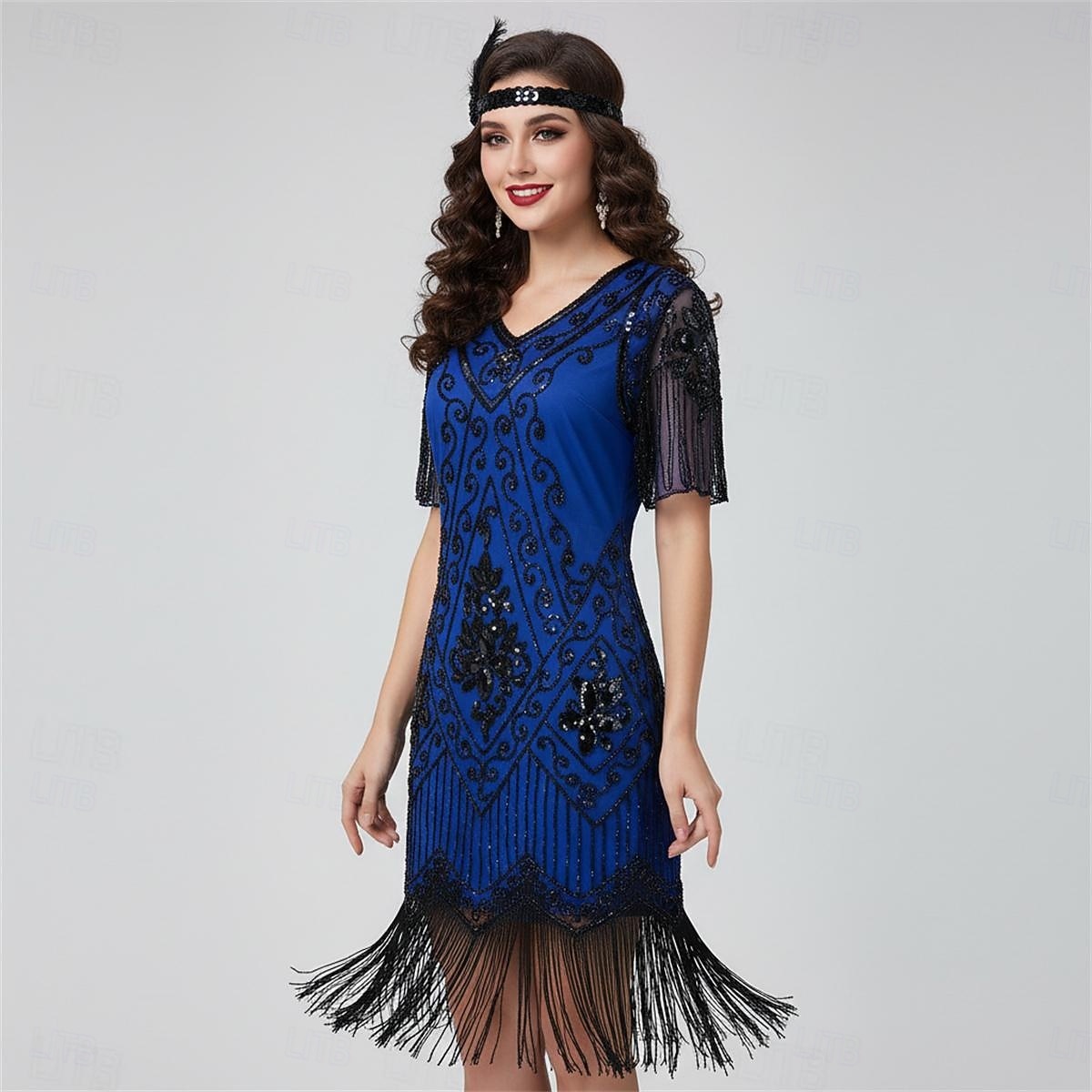 Anni Ruggenti Anni 1920 Lunghezza al ginocchio Vestito Abito Flapper Abito da Ballo Maniche corte Il grande Gatsby Charleston Invitato al matrimonio Paillettes Frangia con nappe Scollo a V Costume del 2026 a $34.99 –P3