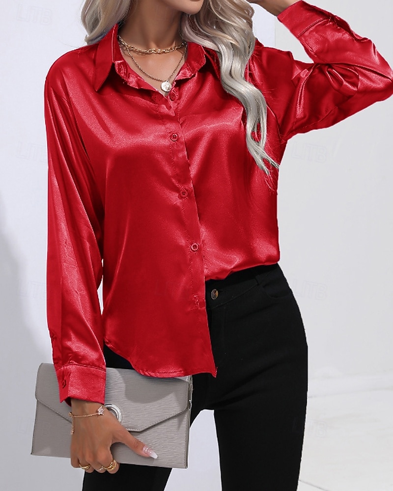 Femmes Chemise Elegant Haut en satin Chemisier Boutons Uni Élégant ancien manche longue Col de chemise Hauts Réguliers Fête Sortir Jaune Rouge Bleu Roi Rose Gris Été Printemps de 2026 ? $25.99 –P13
