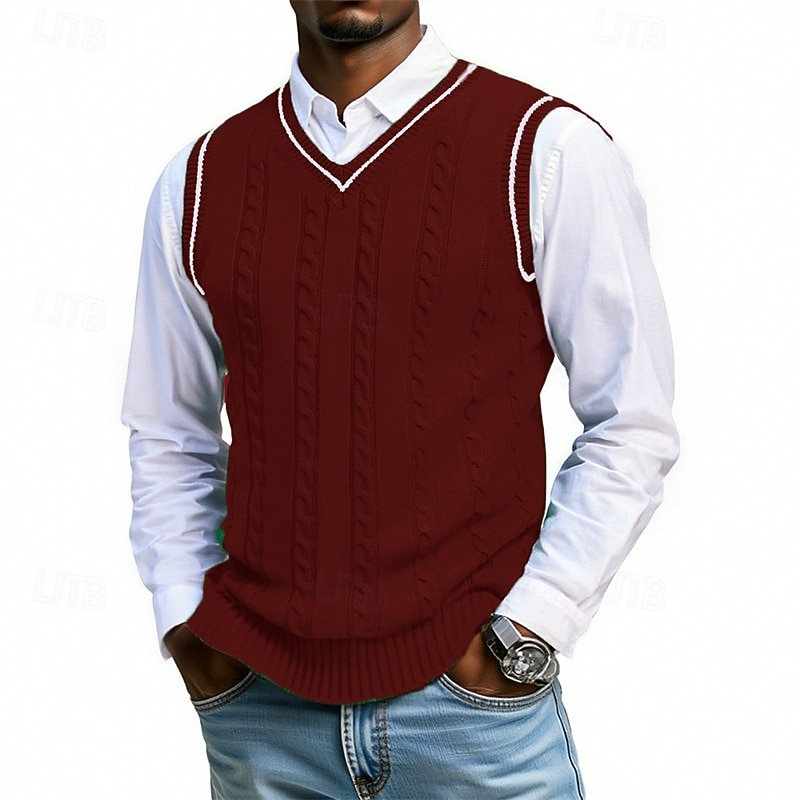 Муж. Свитер жилет Платье-свитер Пуловер Свитер Жилет Вязаный свитер Рельефный узор Вязать Обычные топы Трикотаж Пэчворк V-образный вырез Мода Уличный стиль Отпуск Бизнес Одежда Без рукавов Осень Зима 2026 - ₪103 –P6