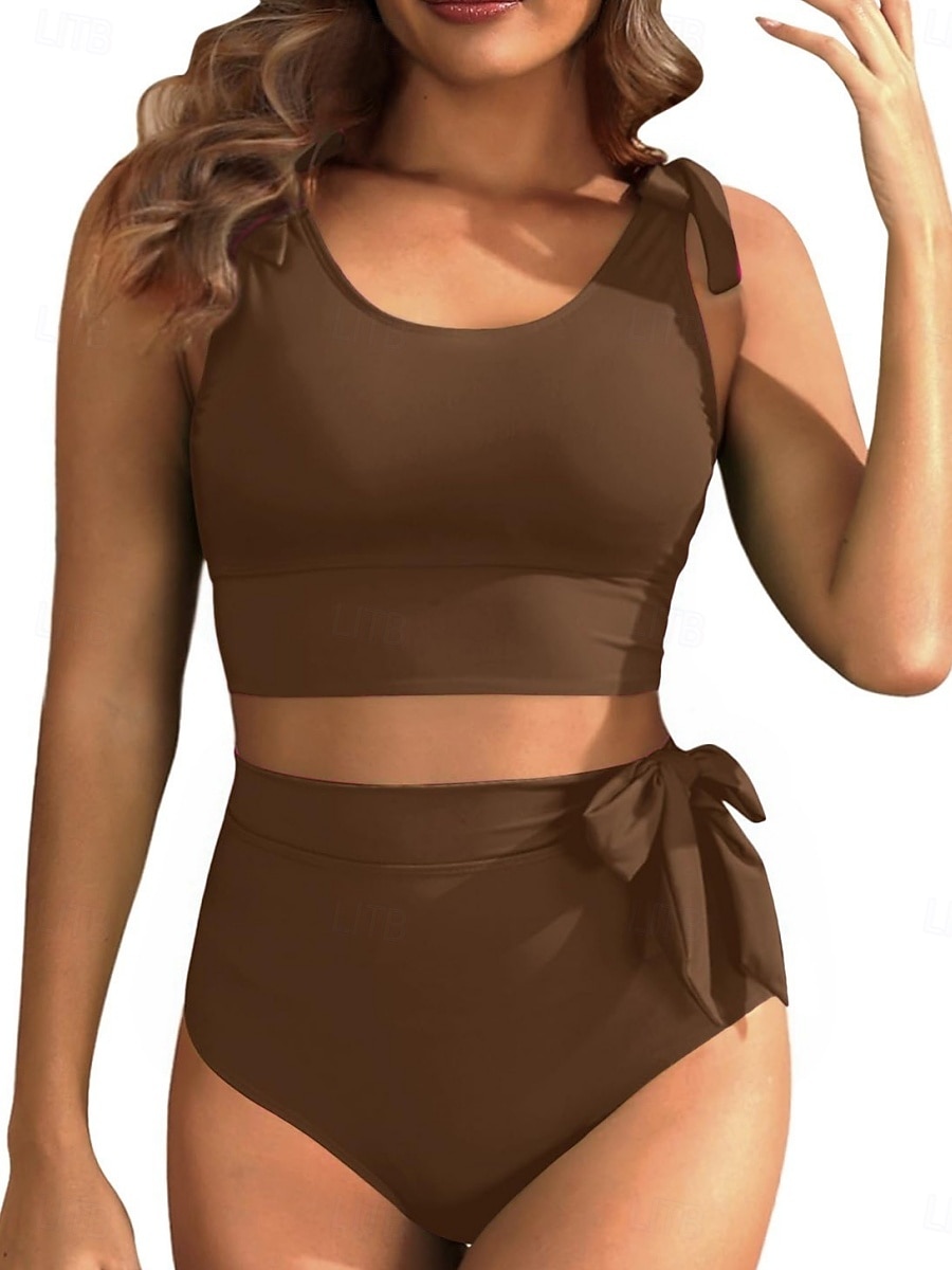 Bikini de mujer de 2 piezas bragas delgadas espalda descubierta ropa de playa de vacaciones trajes de baño en color sólido de cuello U sin mangas 2026 - $25.99 –P4