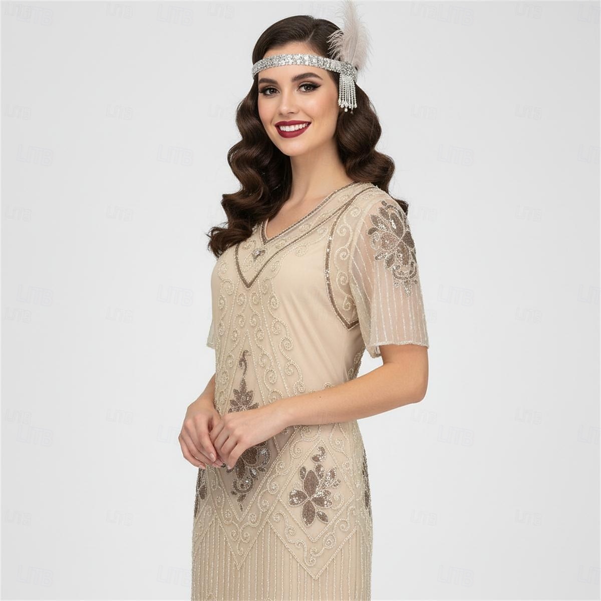 Anni Ruggenti Anni 1920 Lunghezza al ginocchio Vestito Abito Flapper Abito da Ballo Maniche corte Il grande Gatsby Charleston Invitato al matrimonio Paillettes Frangia con nappe Scollo a V Costume del 2026 a $34.99 –P15