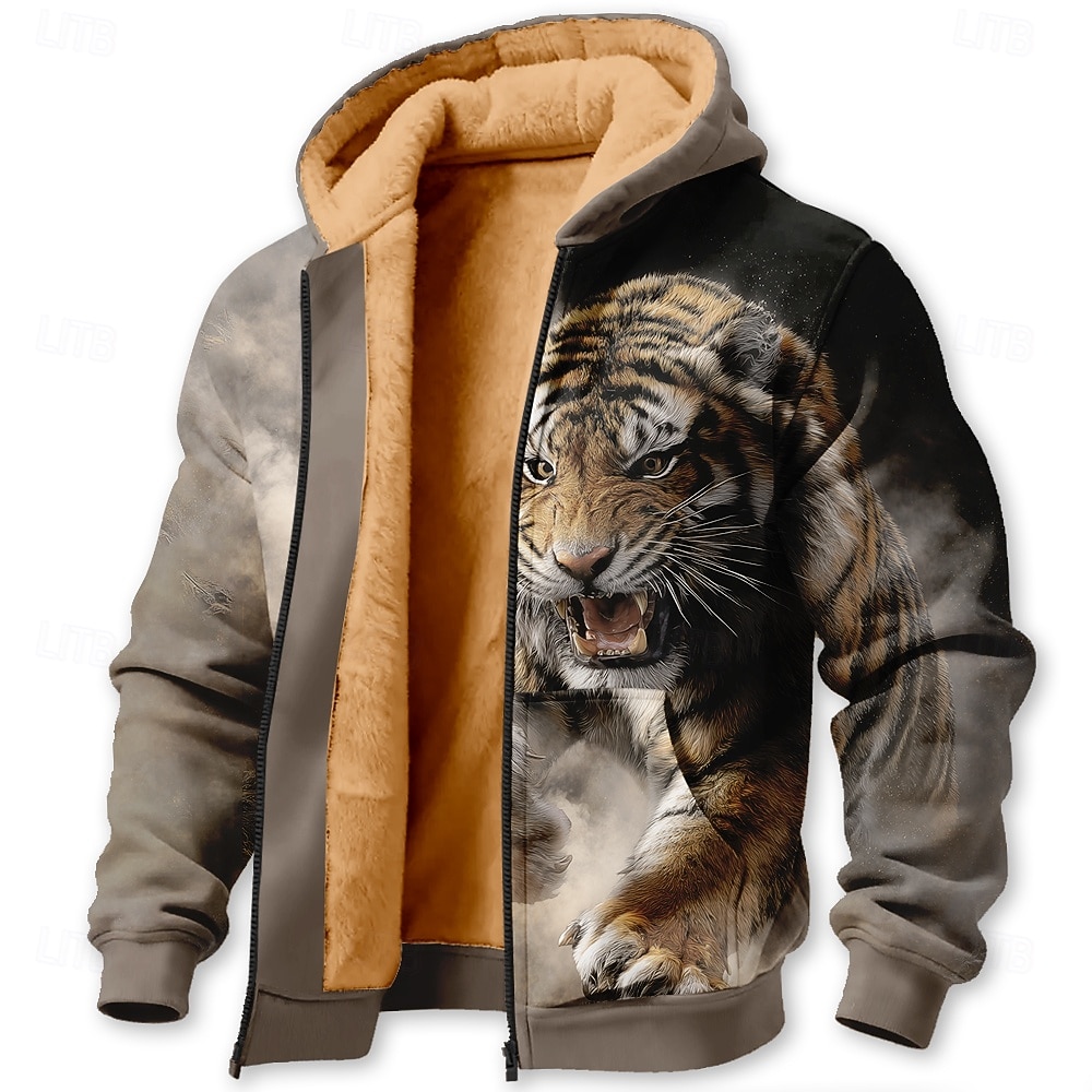 Herren Tiger Fleece Kapuzensweatshirt Jacke Pullover Klassisch Jagd Langarm Rundhalsausschnitt Outdoor Camping Blau Weiß Braun Kaffee Reißverschluss Herbst Winter Designer S M L XL 2XL 3XL 2026 - $41.99 –P3