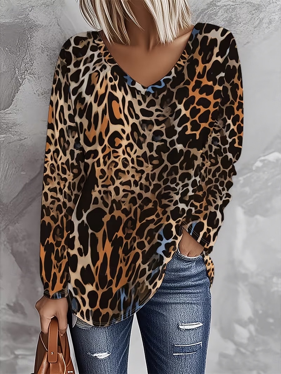 Γυναικεία Μπλουζάκι Στάμπα Γραφική Λεοπάρ Βίντατζ Μοντέρνα Στυλάτο Μακρυμάνικο Λαιμόκοψη V Κανονικά μπλουζάκια Καθημερινά Θαλασσί Άνοιξη Φθινόπωρο 2026 - $24.99 –P1
