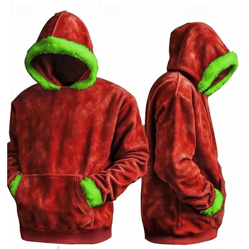 férfi karácsonyi kapucnis pulóver hangulatos piros és zöld színű blokkos pulóver klasszikus vintage pulóver ünnepi téli pulóver zsebes karácsonyi ajándékokkal 2025 - $26.99 –P2