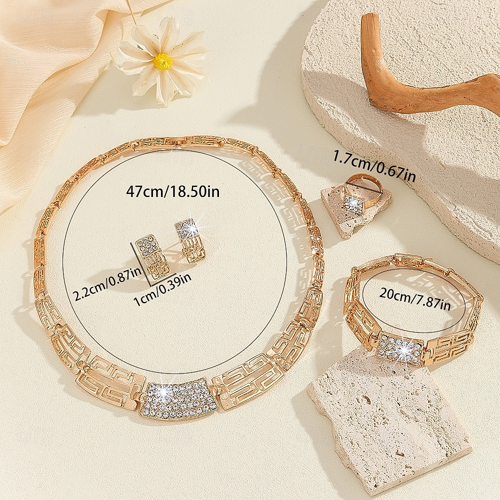 γυναικείο σετ κοσμημάτων 4 τεμαχίων επιχρυσωμένα με χρυσό - κολιέ, σκουλαρίκια, βραχιόλι με γεωμετρικά στρας &δαχτυλίδι, πολυτελή νυφικά αξεσουάρ για γάμους &εκδηλώσεις για πάρτι 2026 - $24.99 –P1