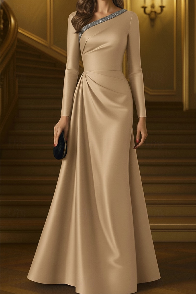 Black Formal A-Line Evening Gown Elegant Formal Dress Wedding Floor Length Long Sleeve Asymmetrical Neckline Stretch Satin with Pleats Ruched Crystals 2026 - $206.99 Black Formal A-Line Evening Gown Elegant Formal Dress Wedding Floor Length Long Sleeve Asymmetrical Neckline Stretch Satin with Pleats Ruched Crystals 2026 - $206.99