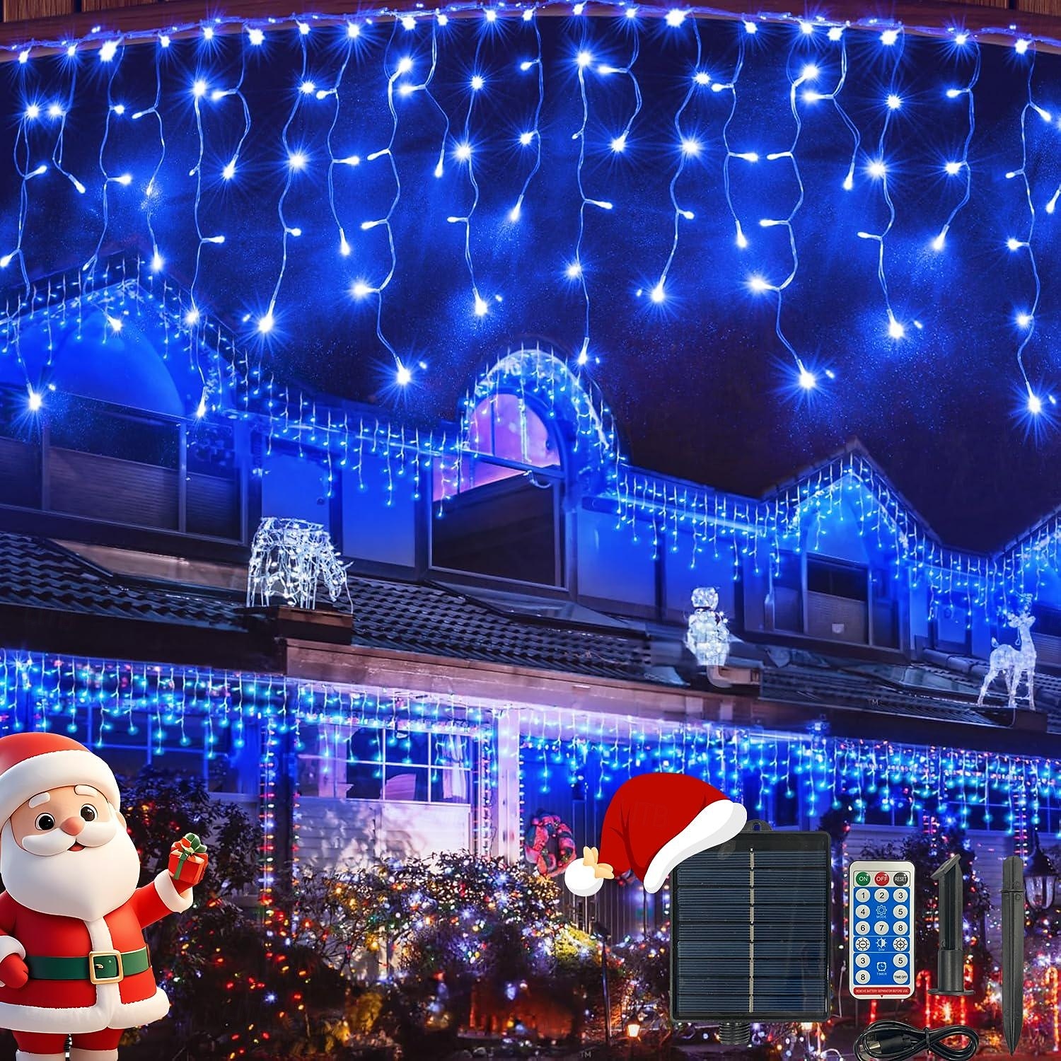 Solcellsdrivna vattentäta julispljus 10 meter 400 lysdioder 48 droppar 8-funktions timer fjärrkontroll genomskinlig tråd anslutningsbar ljusslinga innergård balkong träd veranda takfot dekorativa ljus 2025 - $31.99 –P11