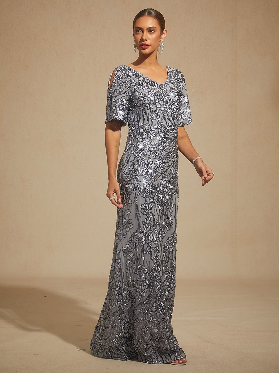 Per donna Abito maxi Tubino Abito a sirena Elegante Spalle scoperte Festa serale Paillettes Pizzo Ricamato Vestibilità regolare Floreale Mezza Manica Scollo a V Grigio del 2026 a $208.19 –P1
