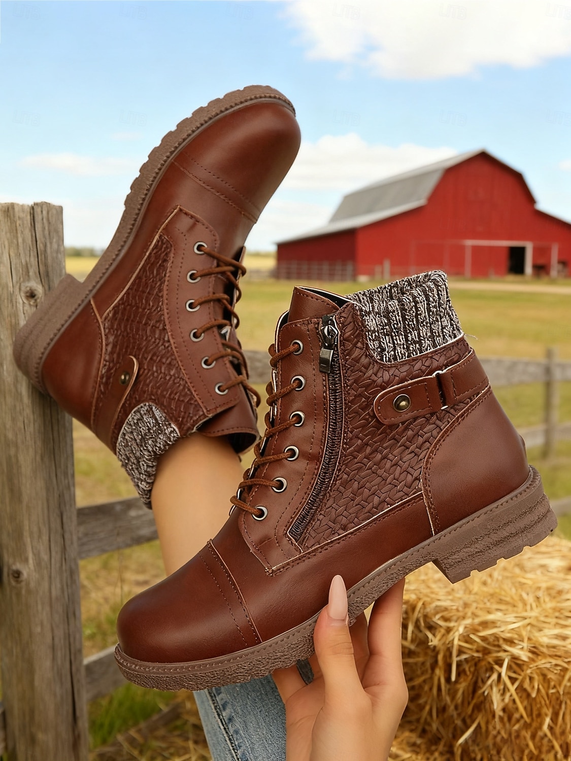 Botines marrones de mujer con cordones y detalles de punto – botas elegantes y duraderas para paseos al aire libre, trabajo y salidas informales. 2026 - $46.99 –P1