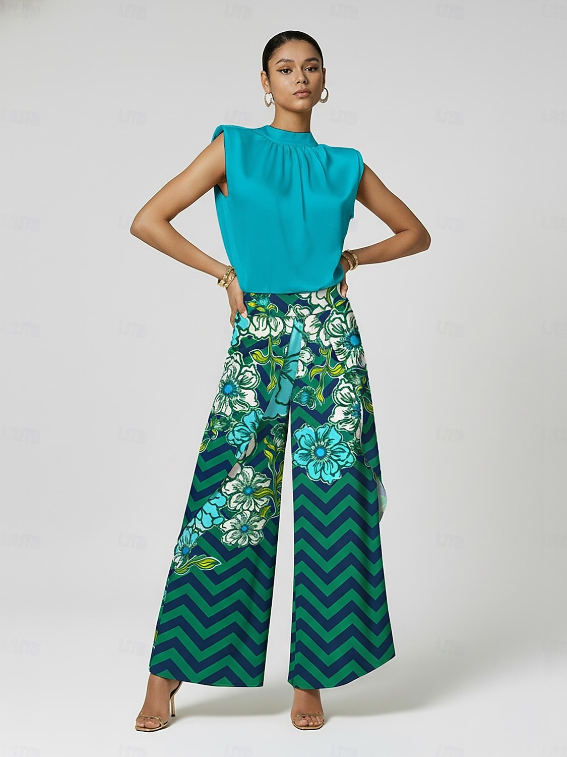 ärmlös topp med vida axlar och stående krage i satin, avslappnad semester 2026 - $56.99 –P4