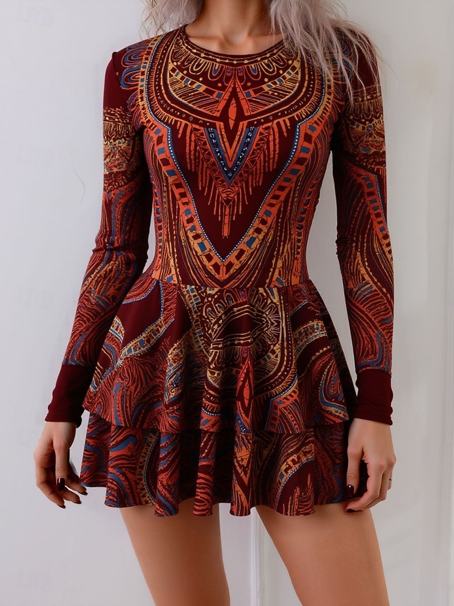 بيكيني نسائي قطعة واحدة ملابس السباحة مع تنورة فستان بوهيمي للتحكم في البطن خصر عالي أنيق بلا ظهر إجازة ملابس الشاطئ رسومات هندسية عنق دائري بلا أكمام وأكمام طويلة 2026 - $48.99 –P1