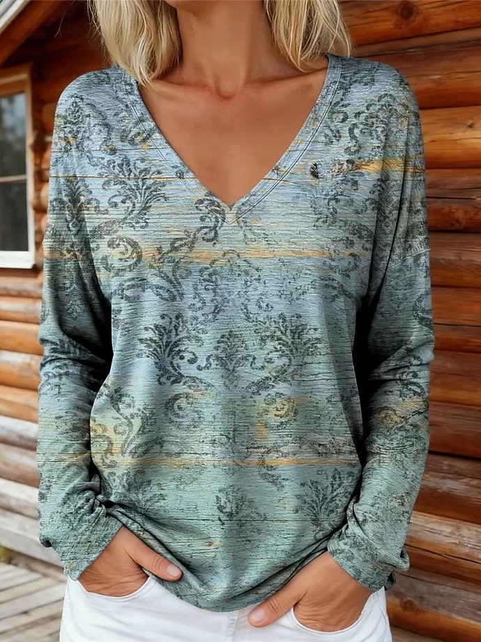 Dame Boho T-skjorte Grafikk Planter Tribal Vintage Stilfull Klassisk Langermet V-hals Vanlige Topper Daglig Trykk Blå Lys Grønn Vin Marineblå Fuchsia Vår Høst Vinter 2026 - $24.99 –P3