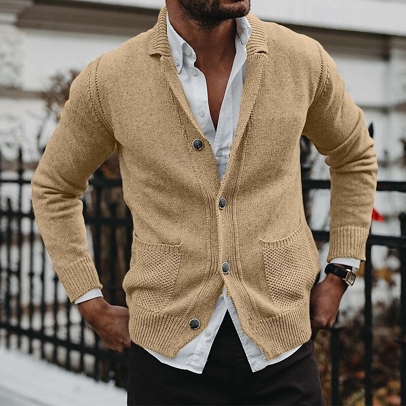 Homens Suéter Sueter Cardigan Estriado Tricotar Tops regulares Abotoar Tricotado Tecido Gola Dobrada Férias Moda Casual Roupa Diária Roupa Primavera & Outono Preto Caqui M L XL de 2026 por $43.99 –P1