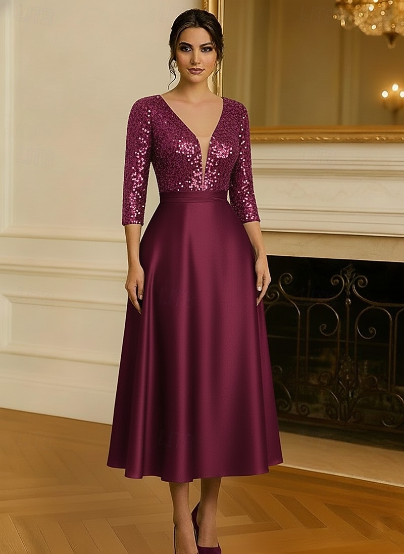 A-Line Tea Length Cocktail Dresses Party Dresses Flared Dress Elegant 3/4 Length Sleeve V Neck Garden Party Wedding Satin with Sequin 2026 - $172.99 –P4
