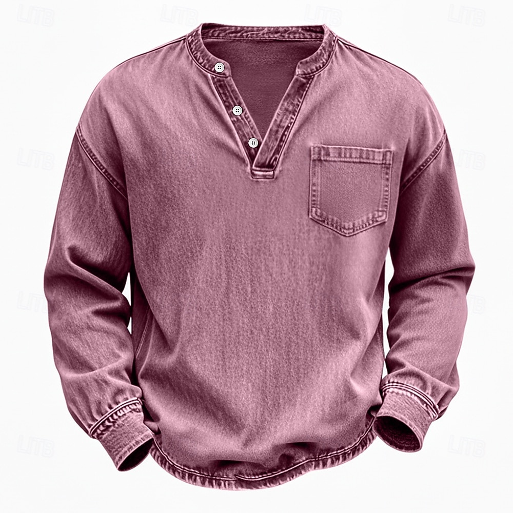 Voor heren Henley-shirt Overhemd van 100% katoen met zure wassing T-shirt T-shirt Lange mouw Wijnoogst Effen kleur Retro vintage Casual Vintagestijl Kledingstuk geverfd gewassen Henley Casual Lente 2026 - $31.99 –P6