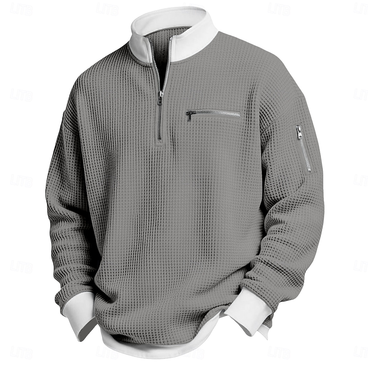 Herre Vaffel T-skjorte T skjorte Langermet Halv glidelås Vår Høst vinter Helfarge Tradisjonell / vintage Fritid Fargeblokk Lomme med glidelås utendørs Hjem Sport & Utendørs Lyseblå Rød Lilla Topp 2026 - $26.99 –P6