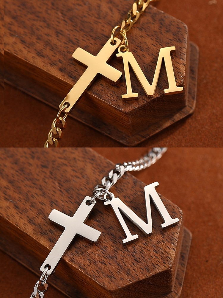 Tobillera personalizada para mujer en acero inoxidable con dijes de letras del alfabeto, diseño de cruz y letras, ideal como regalo de Navidad. Disponible en 26 letras. 2026 - $7.99 –P7