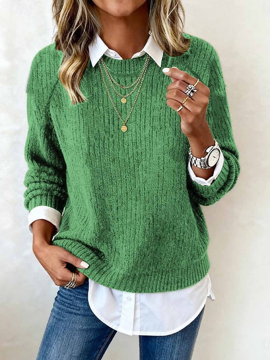 Damen Pullover Lässig Weich Einfarbig Gerippt Rundhalsausschnitt Gestrickt Langarm Crop Tops Stricken Outdoor Täglich Wochenende Blau Schwarz Herbst Winter 2025 - $35.99 –P5