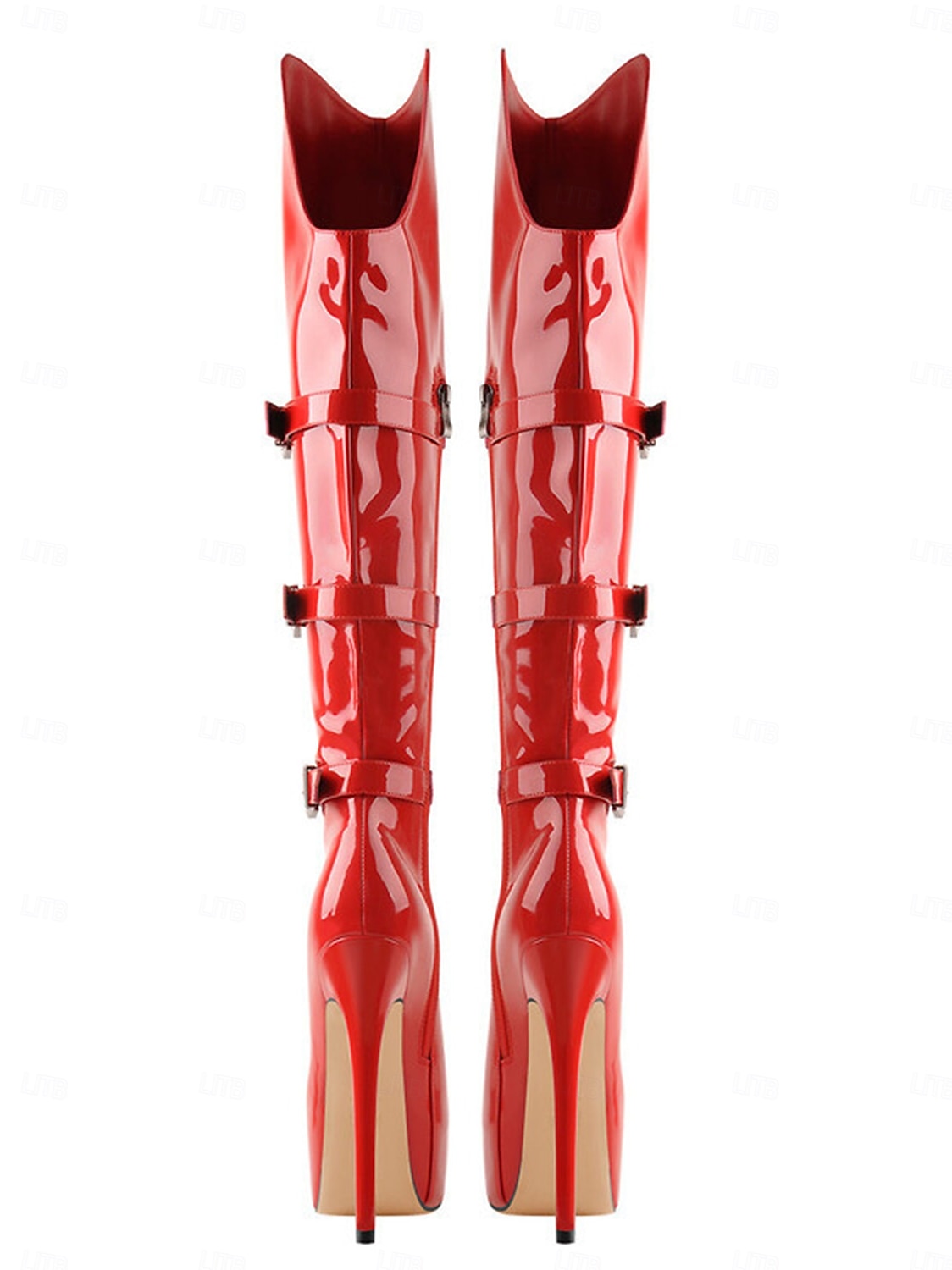 Bottes cuissardes rouges vernies pour femme - bottes de soirée à talons aiguilles ultra hauts avec brides à boucle. &vêtements de club de 2026 ? $99.99 –P3
