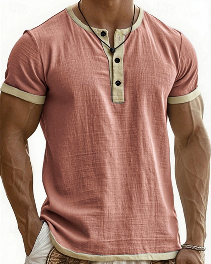 Herre T skjorte Henly-skjorte T-skjorter Kortermet skjorte Kortermet Henley Sommer Vår Fargeblokk Mote Designer Grunnleggende Lapper Feriereise Gate Ut på byen Blå Svart Rosa Topp T-skjorte for menn 2026 - $20.99 –P10
