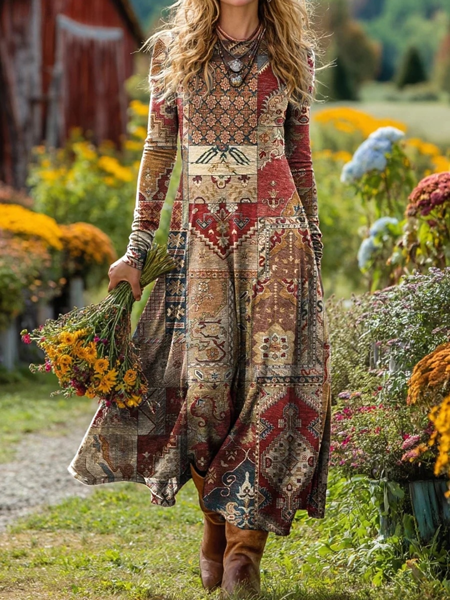 Sukienka midi damska Boho Sukienka A-line Krój dopasowany i rozkloszowany Wakacyjna Casual Codzienna Regularny krój Grafik Geometryczny Długi rękaw Dekolt zaokrąglony Jasny żółty Czerwony wino Jesień 2026 - $37.99 –P3