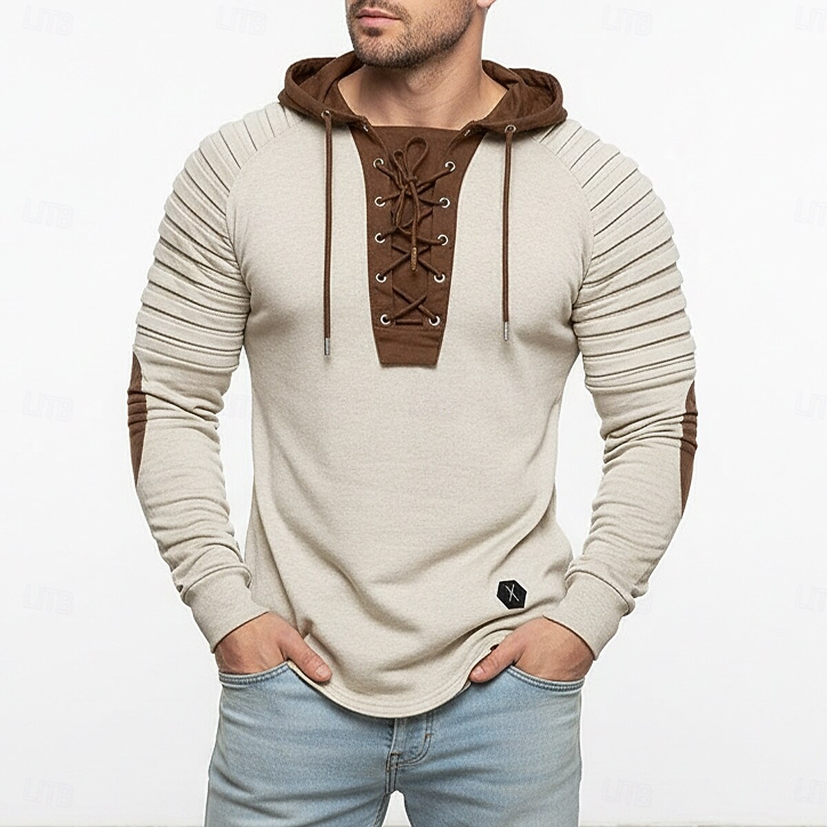Hommes T-shirt Chemise à Manches Longues Chemises pour hommes avec coudières manche longue À capuche Toutes saisons Bloc de Couleur Slim Plissé Mode Designer Basique À lacets Patchwork Occasionnel de 2026 ? $24.99 –P2